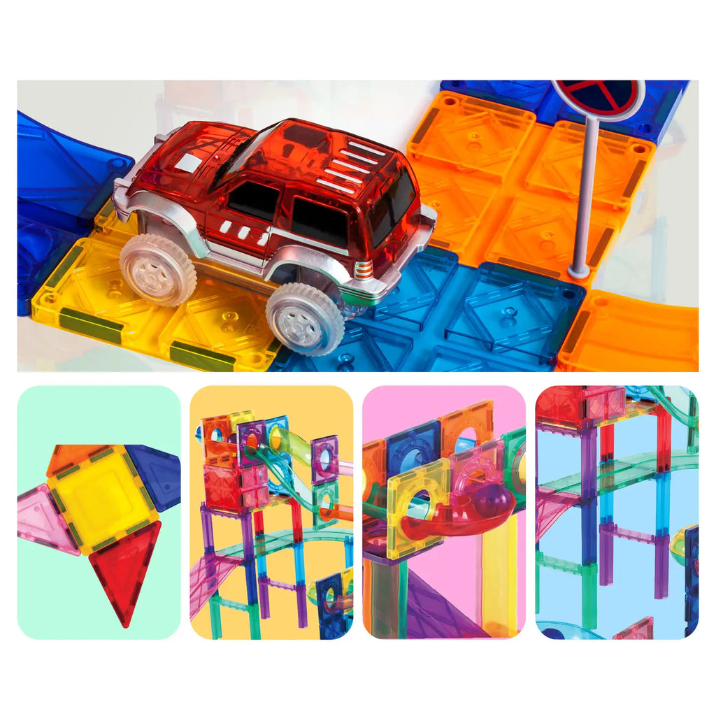 Red toy car on magnetic tile track with close-ups of colorful tile shapes