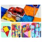 Red toy car on magnetic tile track with close-ups of colorful tile shapes