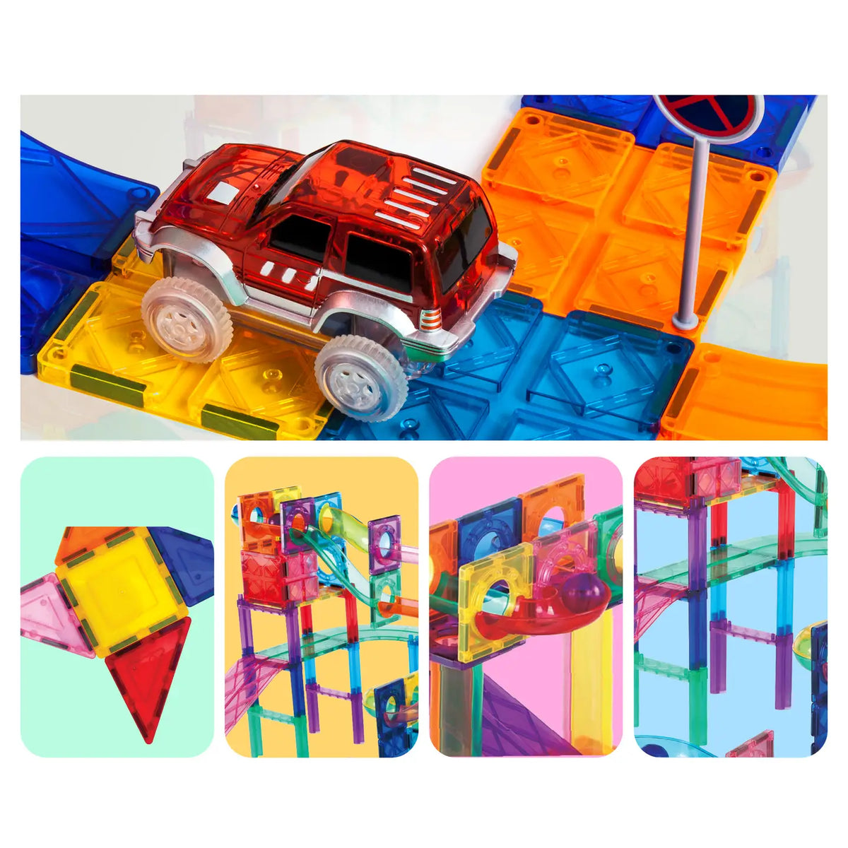 Red toy car on magnetic tile track with close-ups of colorful tile shapes