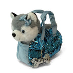 Gray husky dog plush with bow peeking out of a blue sequin bag