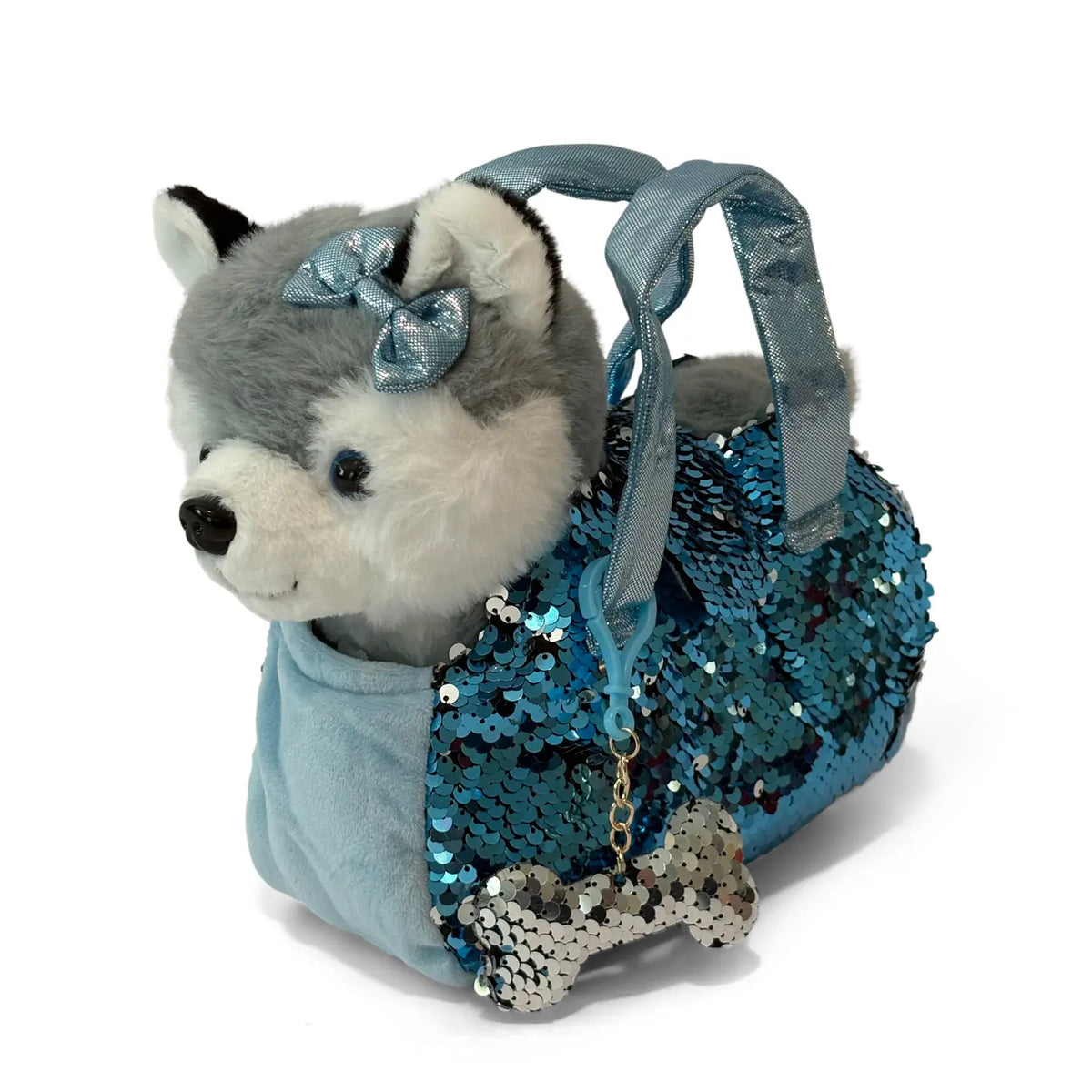 Gray husky dog plush with bow peeking out of a blue sequin bag