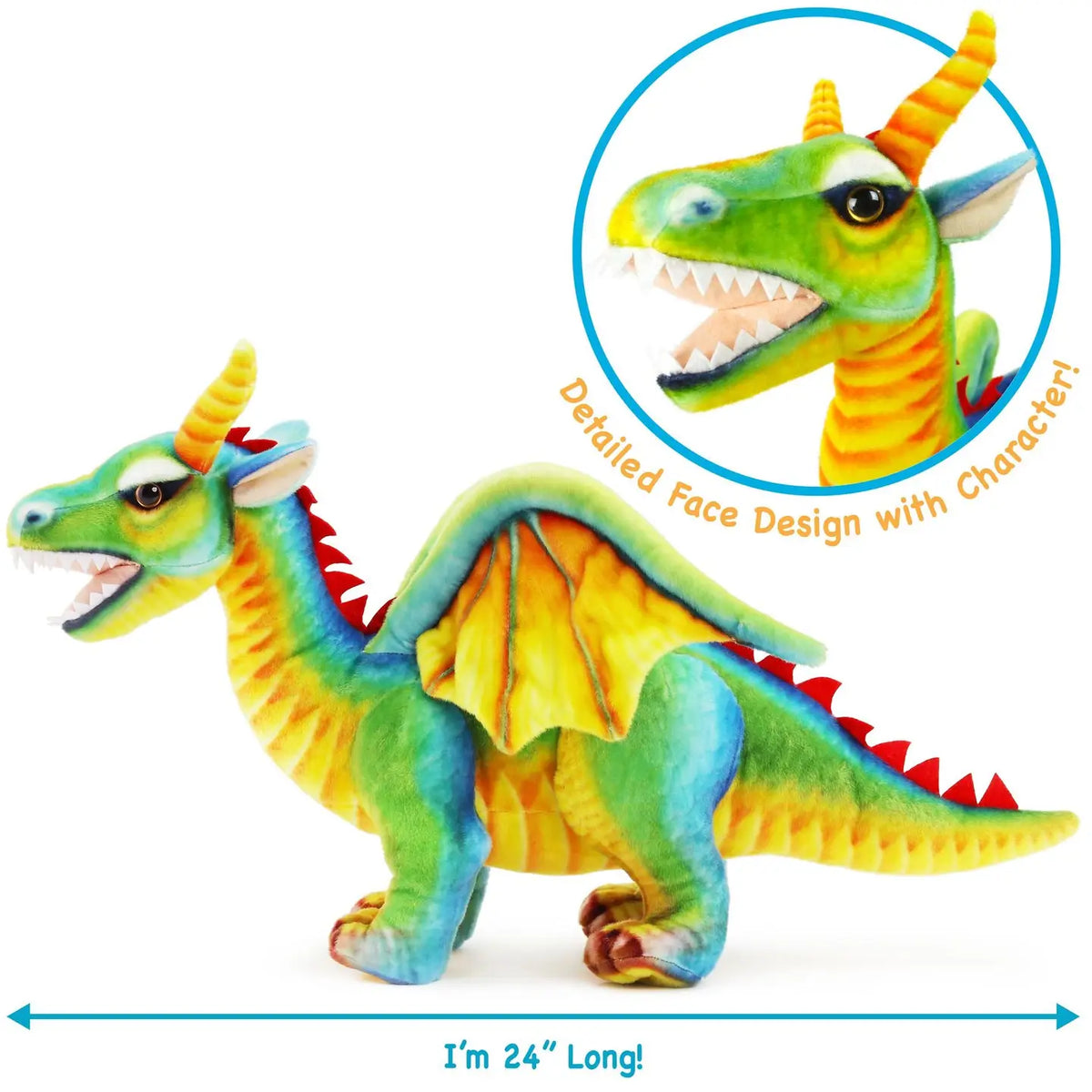 Drevnar rainbow dragon plush with horn and wings, side view with face close-up