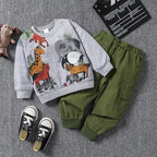 Gray animal print toddler sweatshirt and olive cargo pants laid flat with sneakers