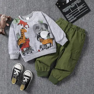 Gray animal print toddler sweatshirt and olive cargo pants laid flat with sneakers