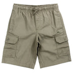 Khaki boys twill cargo shorts with drawstring and button flap pockets, front view