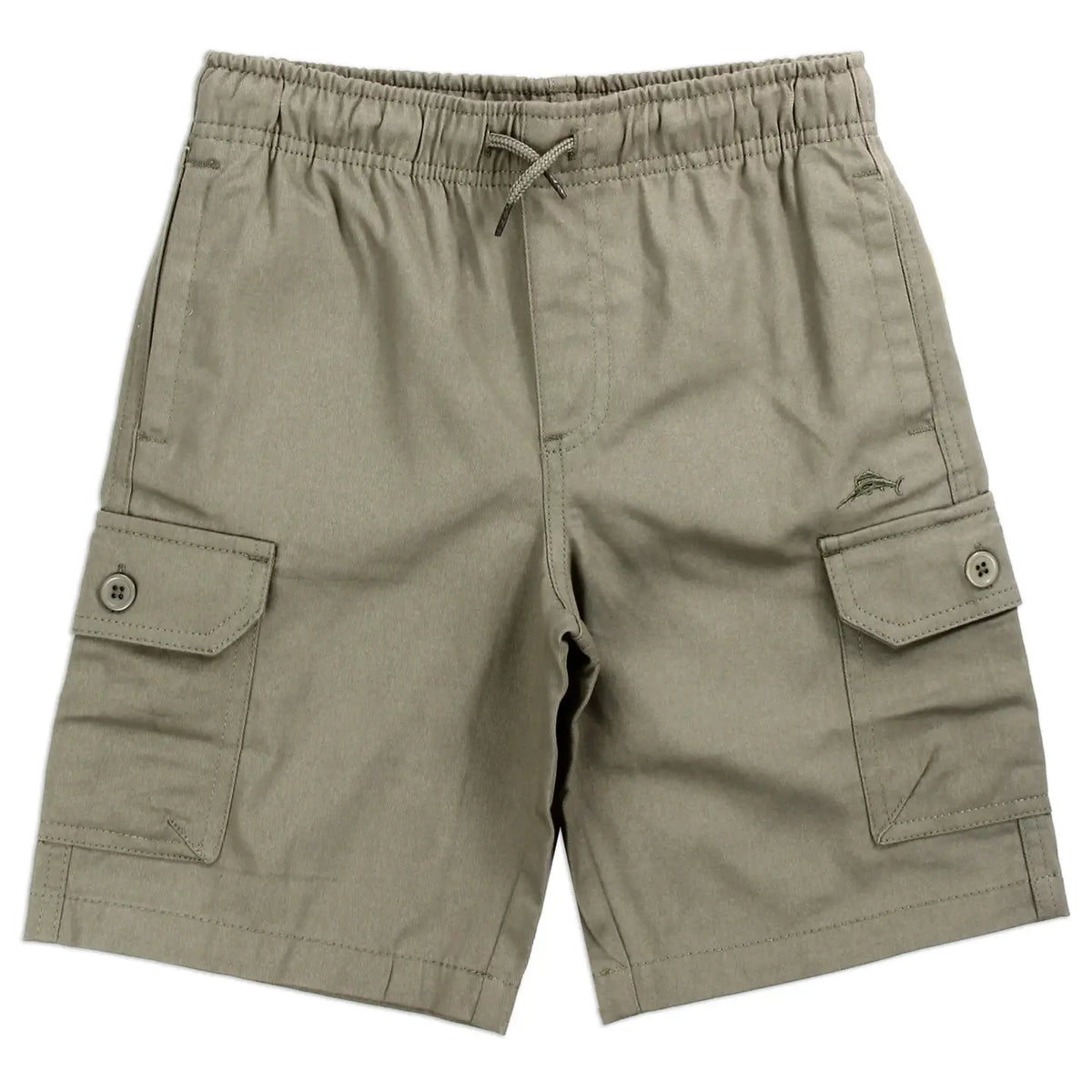 Khaki boys twill cargo shorts with drawstring and button flap pockets, front view