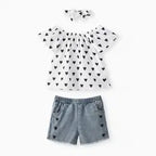 Three-piece girls set: black heart print white top, heart-pocket denim shorts, and headband