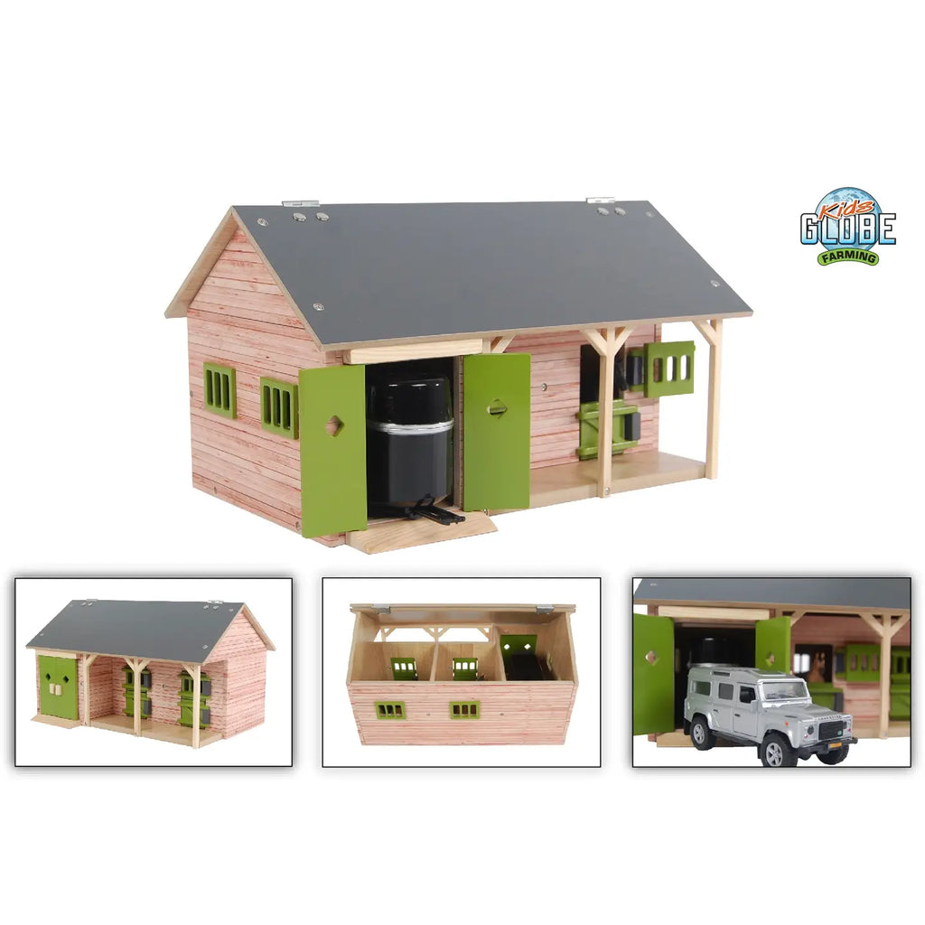 Kids Globe wooden horse stable with green doors, plus interior and toy vehicle views