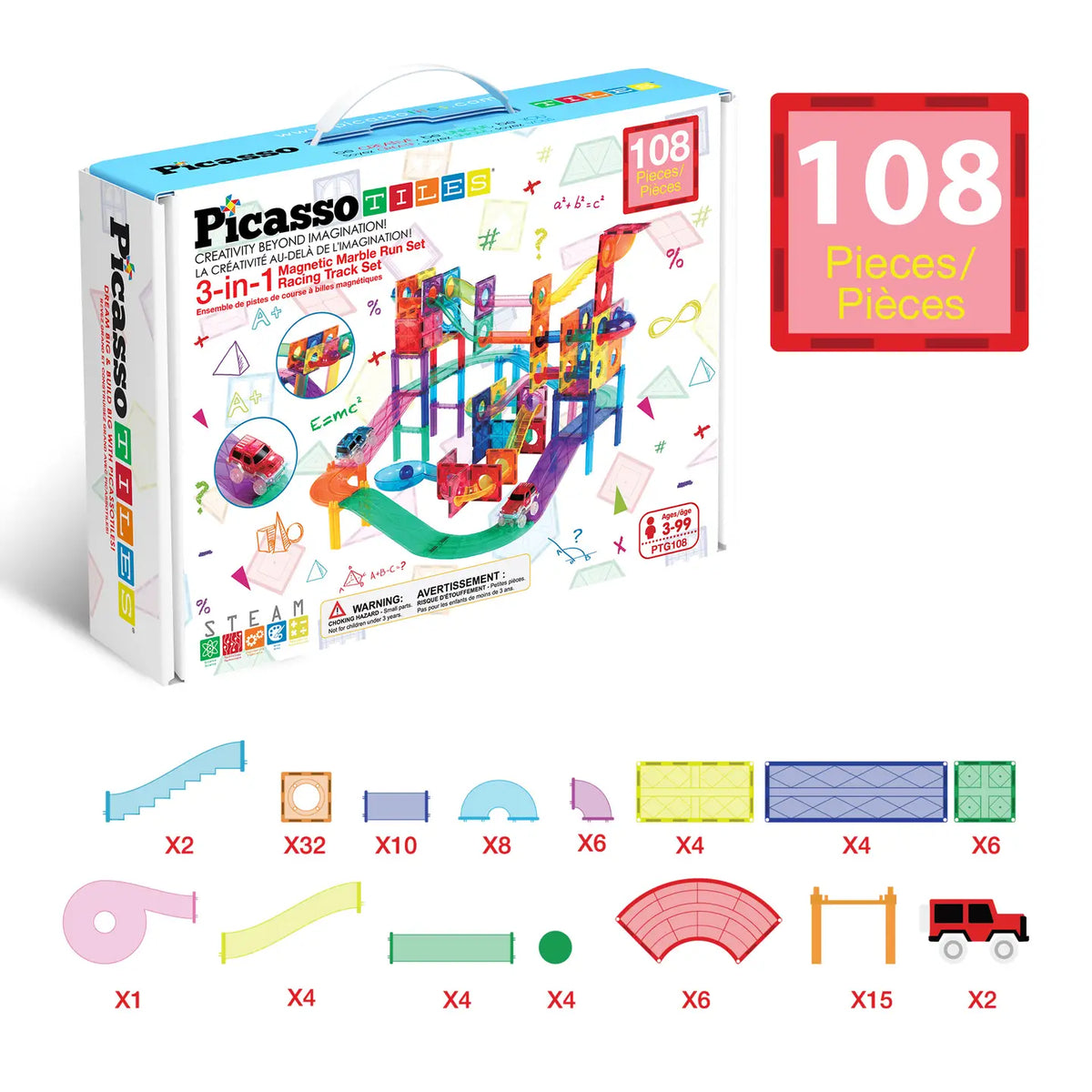 PicassoTiles 108-piece box with parts diagram of tiles, track pieces, and cars