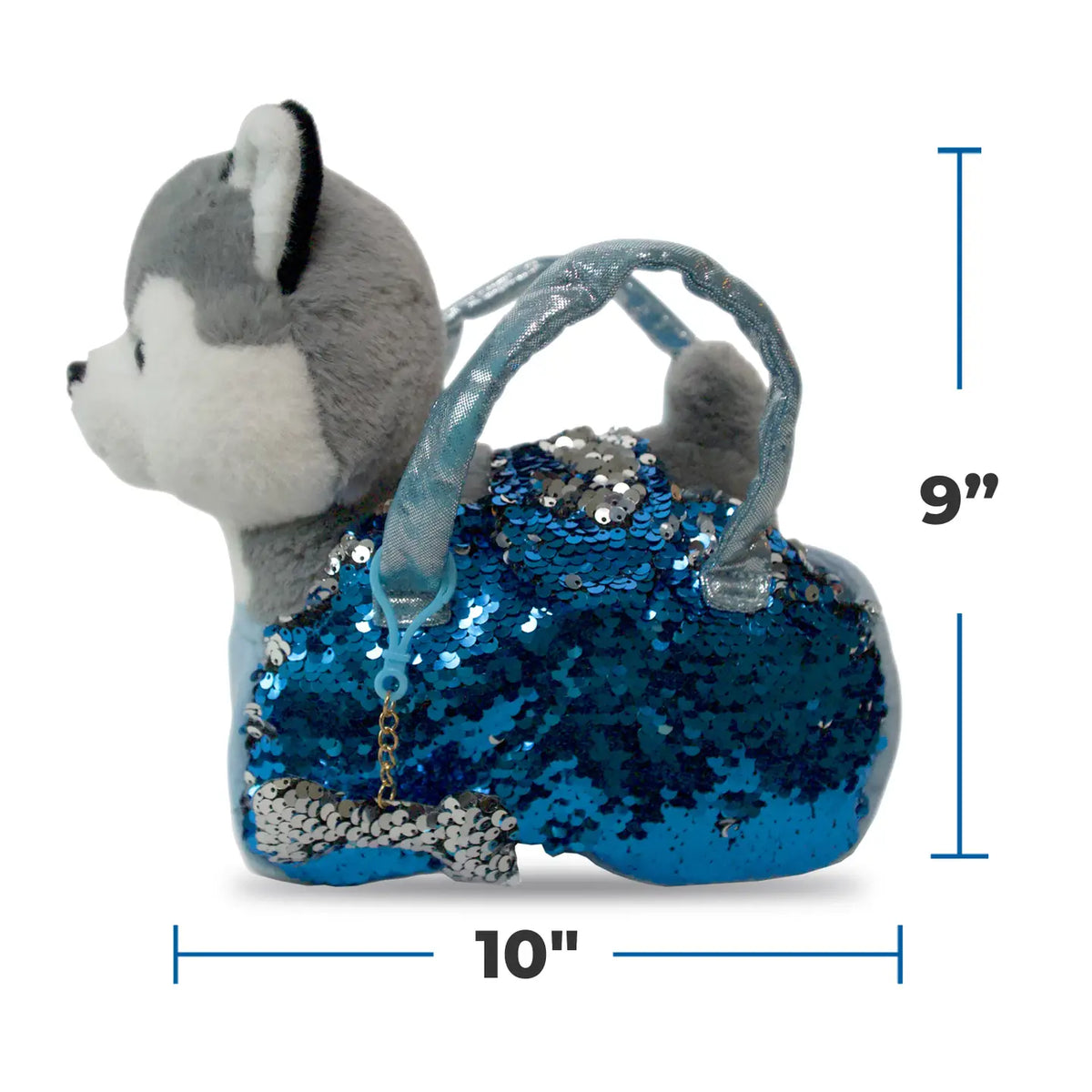 Husky plush in blue sequin carrier bag, shown about 10 inches wide and 9 inches tall