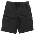 Black boys twill cargo shorts with drawstring waist and flap pockets, front view