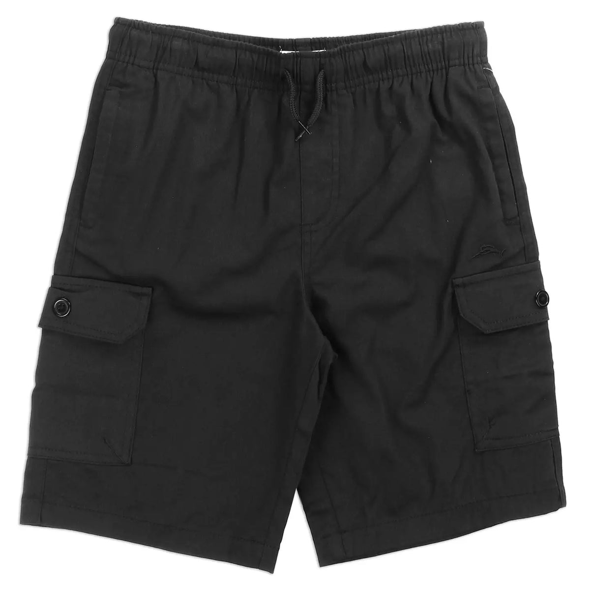 Black boys twill cargo shorts with drawstring waist and flap pockets, front view