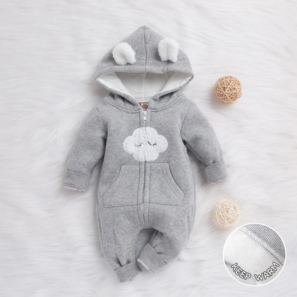 Gray cloud hooded fleece baby romper with zip front and ears, flat lay