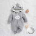 Gray cloud hooded fleece baby romper with zip front and ears, flat lay