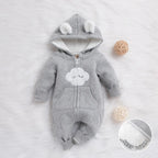 Gray cloud hooded fleece baby romper with zip front and ears, flat lay