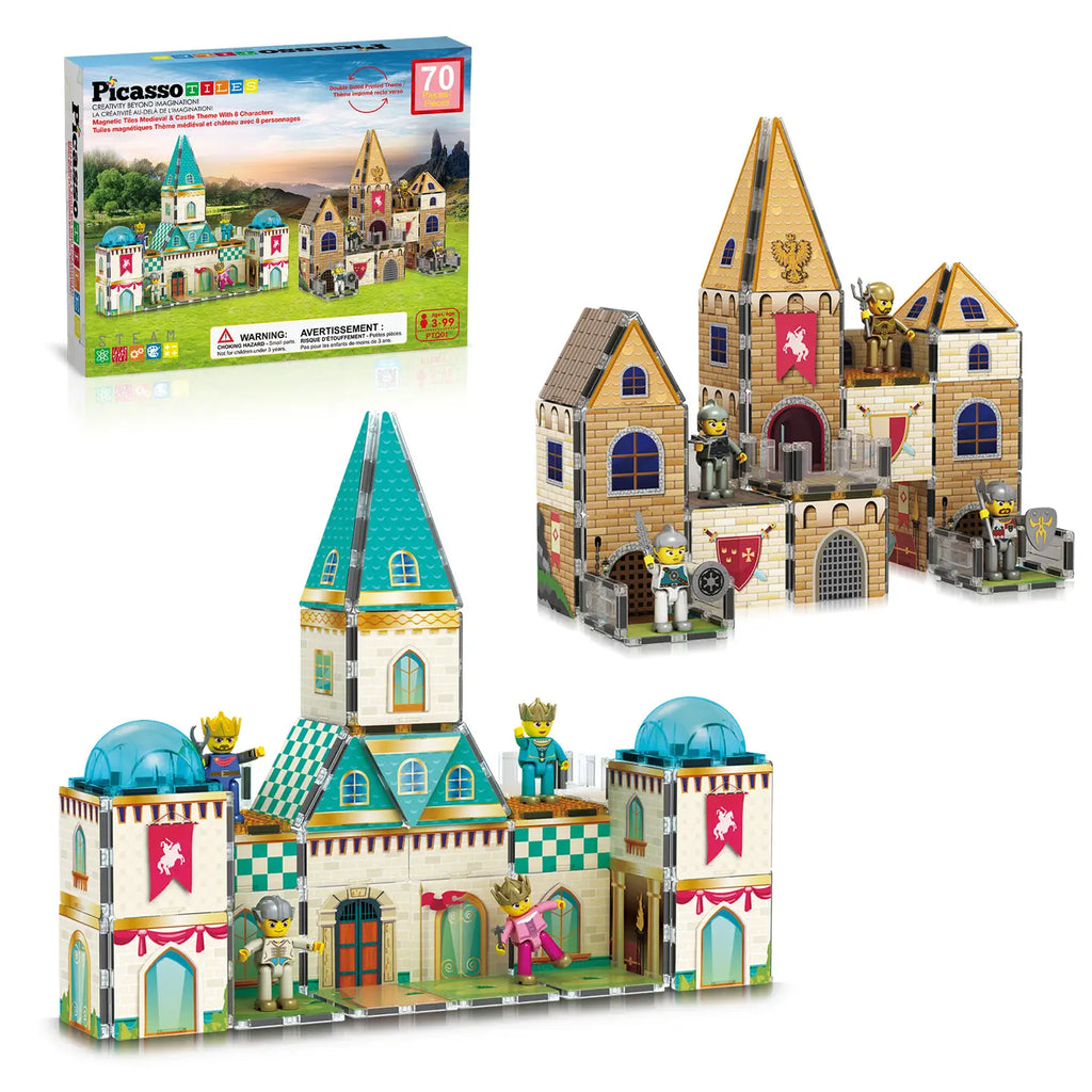 PicassoTiles 70-piece medieval castle magnetic tile set built into castles with box