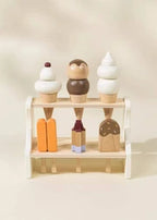 Wooden ice cream stand playset with three cones and popsicles displayed on the shelves