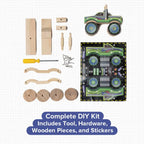 DIY wooden monster truck kit contents: wood pieces, wheels, screwdriver, hardware, and stickers