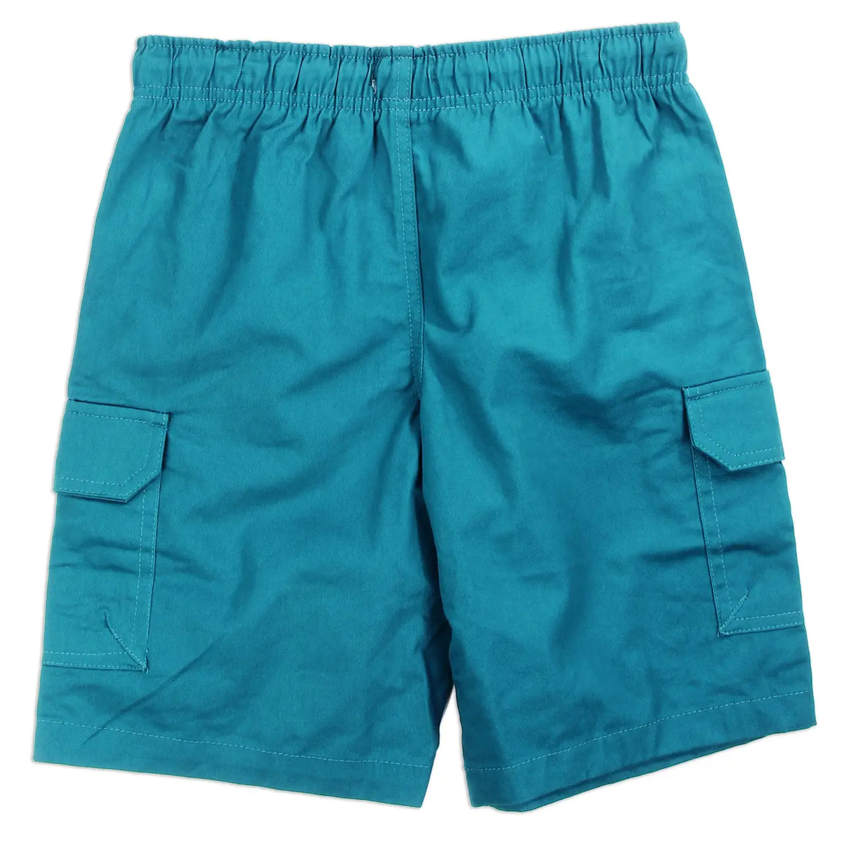 Deep lagoon teal boys cargo shorts with elastic waist, back view