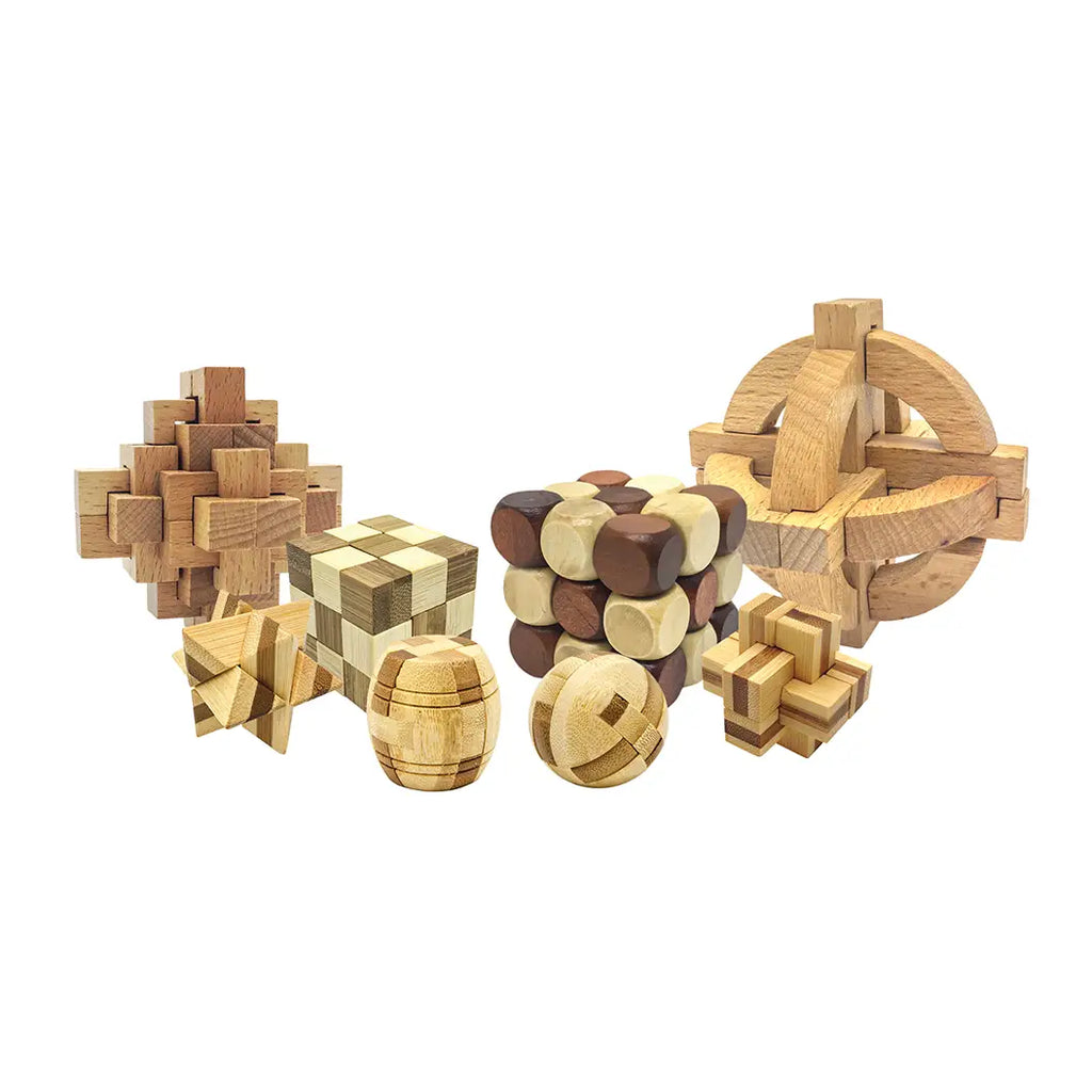 Assorted PicassoTiles wooden interlocking puzzles including ball and cube shapes
