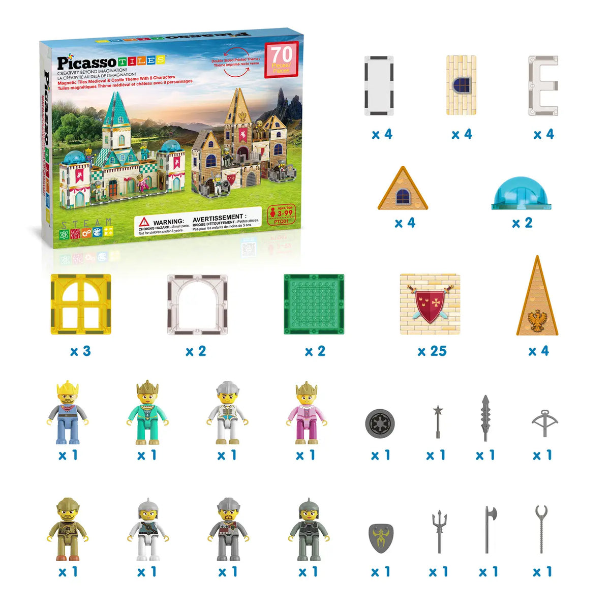 Parts diagram for PicassoTiles 70-piece castle set with eight figures and tile shapes
