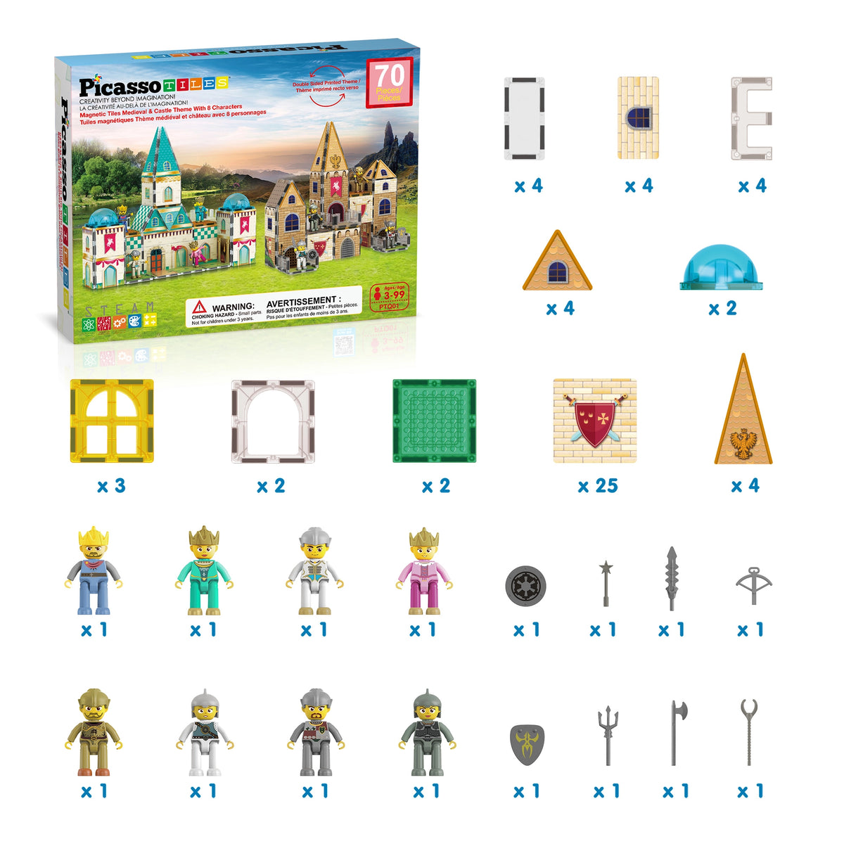 PicassoTiles castle set contents: magnetic tiles, domes, figures, and accessories