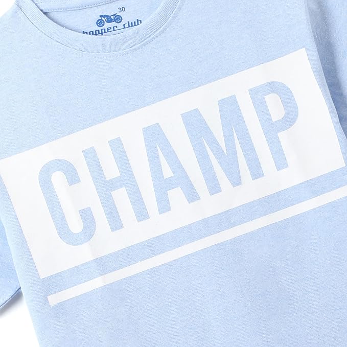 Close-up of light blue Chopper Club boys tee with large white CHAMP graphic