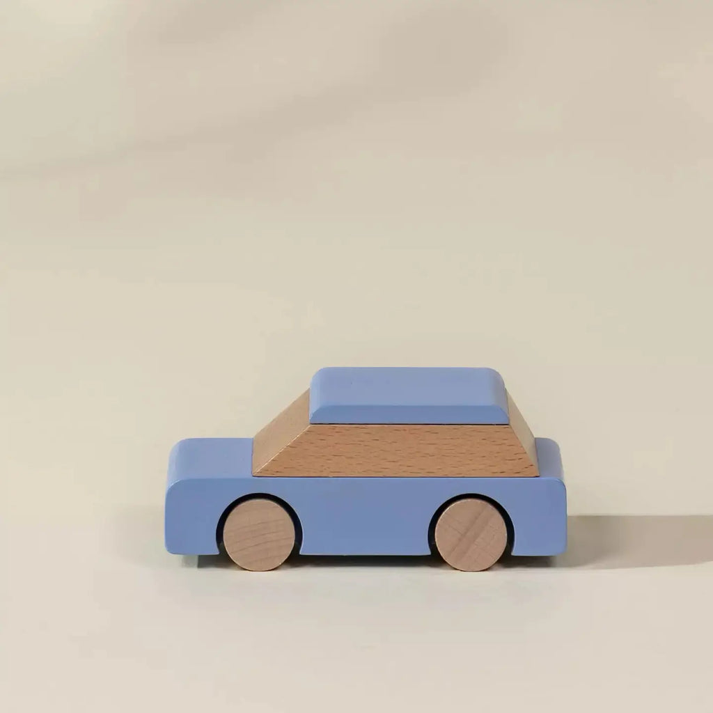Blue and natural wood toy car for kids, side profile