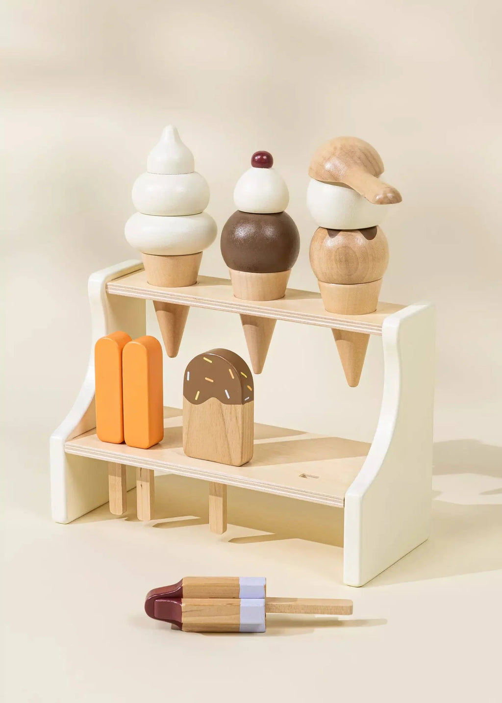 Coco Village wooden ice cream stand with vanilla, chocolate, and caramel cones and popsicles