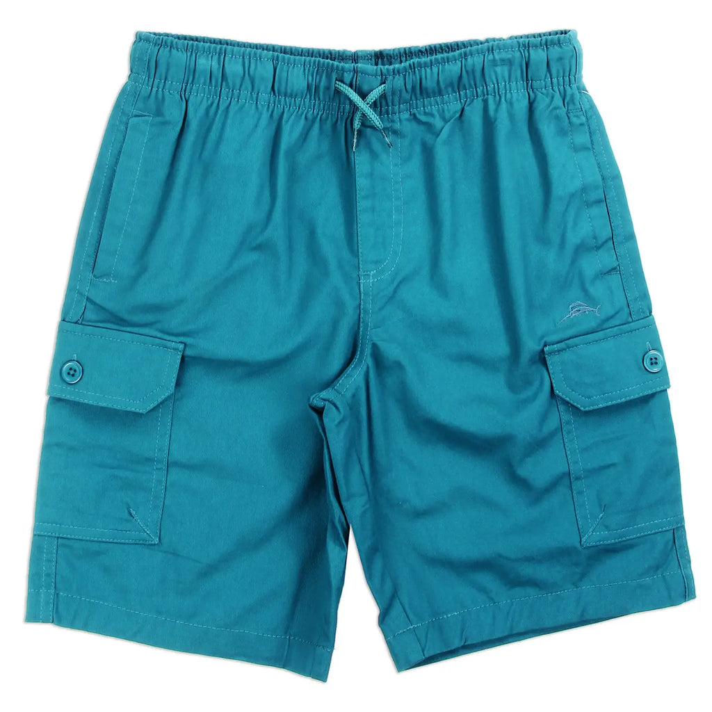Deep lagoon teal boys twill cargo shorts with drawstring waist, front view