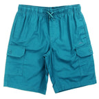 Deep lagoon teal boys twill cargo shorts with drawstring waist, front view