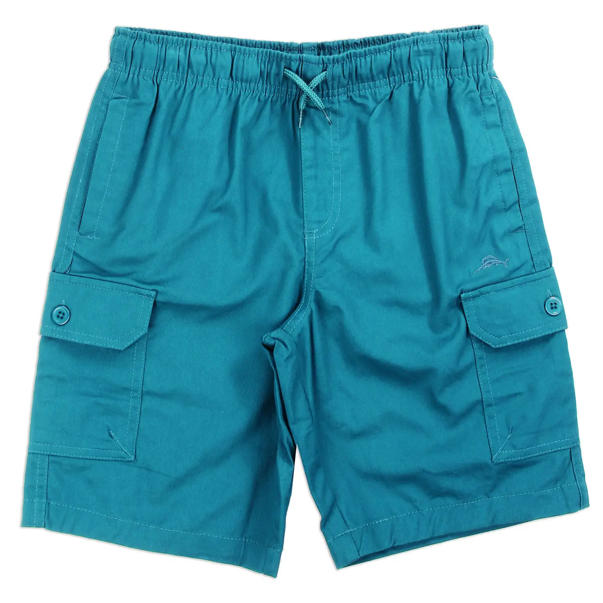 Deep lagoon teal boys twill cargo shorts with drawstring waist, front view