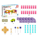 PicassoTiles PTMR40 box and contents: track tiles, columns, curves, LED car, and 3 traffic signs