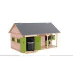 Wooden 2-stall horse stable toy with green storage doors open, front view