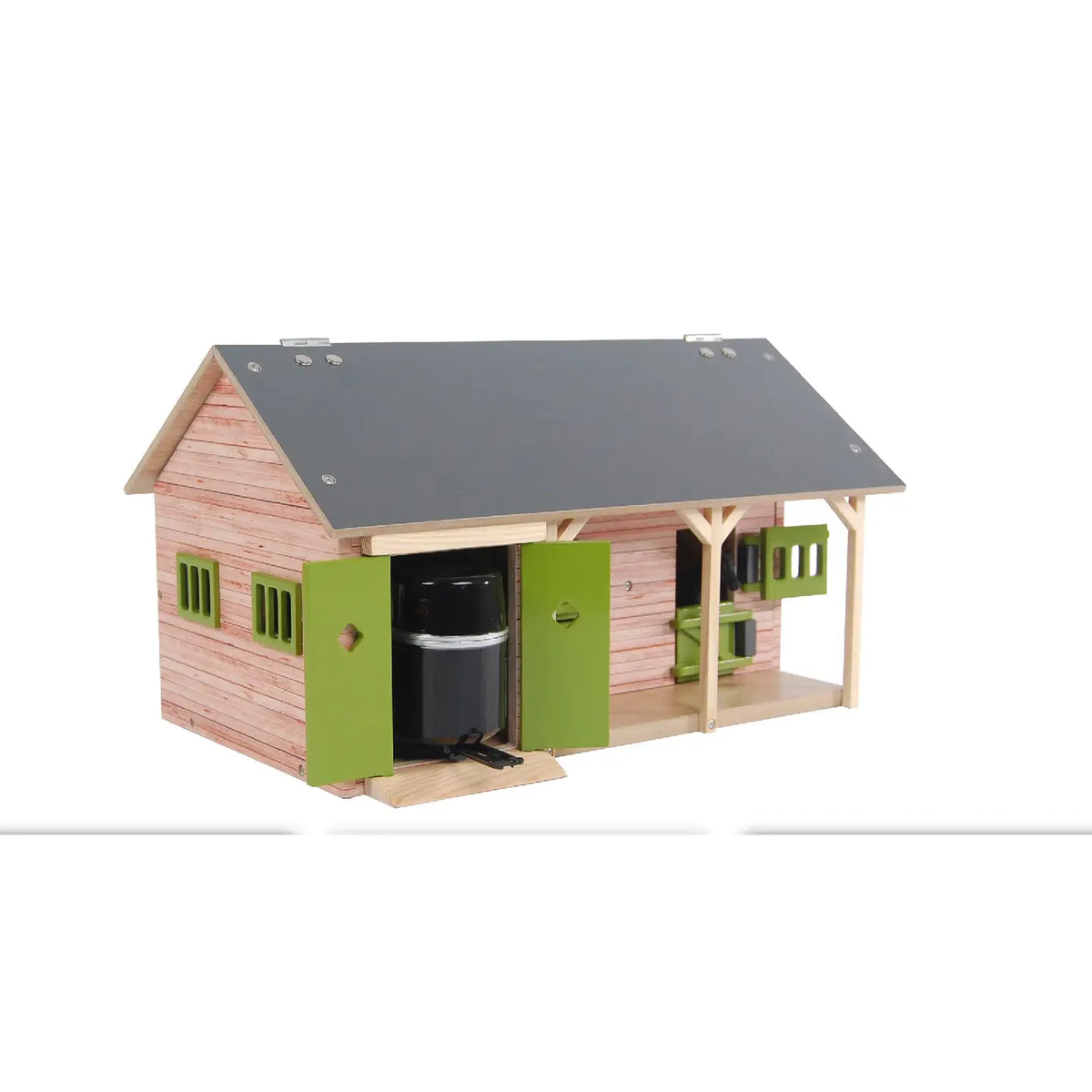 Wooden 2-stall horse stable toy with green storage doors open, front view