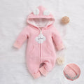 Baby pink fleece hooded zip romper with cloud appliqué and bear ears, flat lay