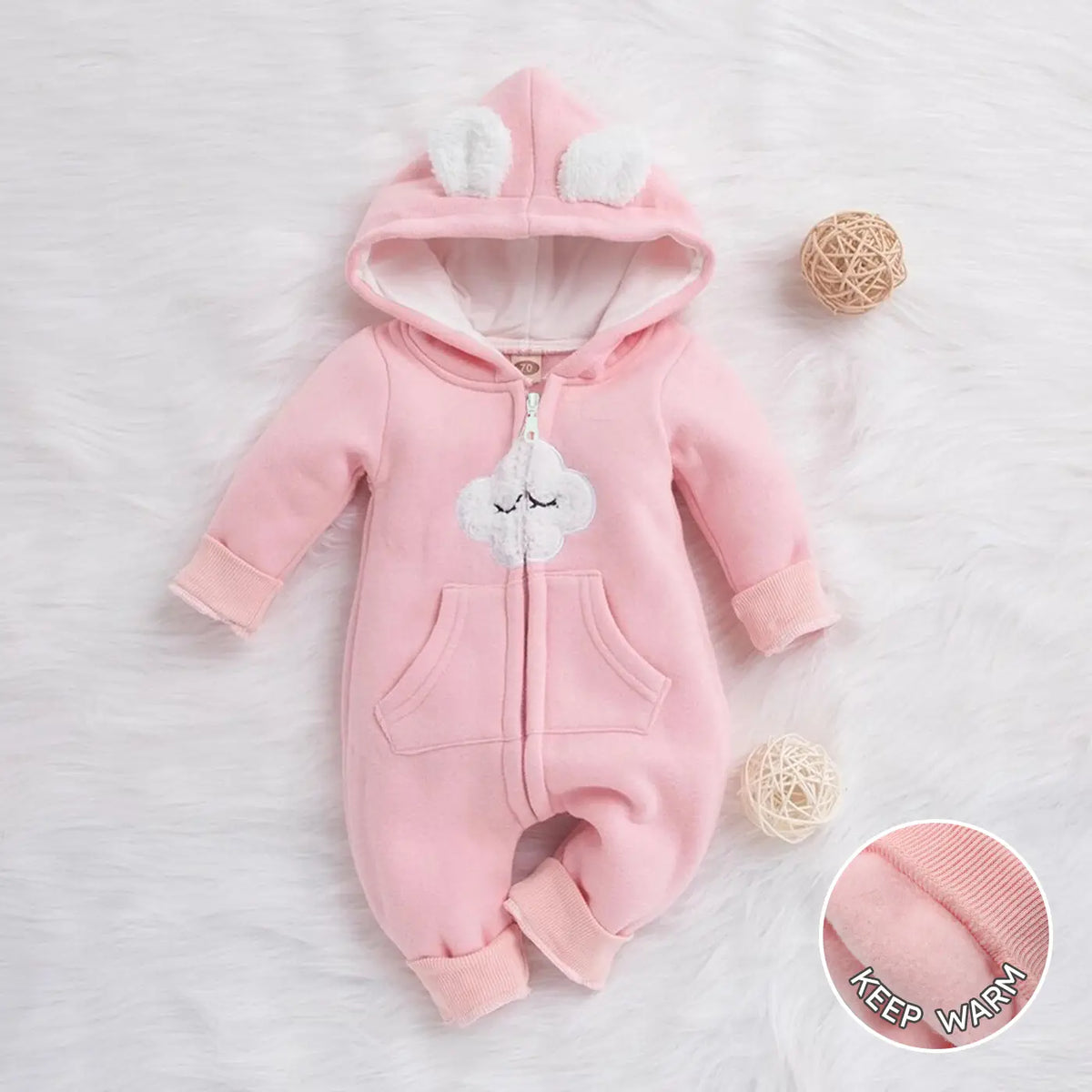 Baby pink fleece hooded zip romper with cloud appliqué and bear ears, flat lay