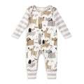 Baby puppy print cotton romper with gray striped sleeves and cuffs, front view