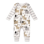 Baby puppy print cotton romper with gray striped sleeves and cuffs, front view