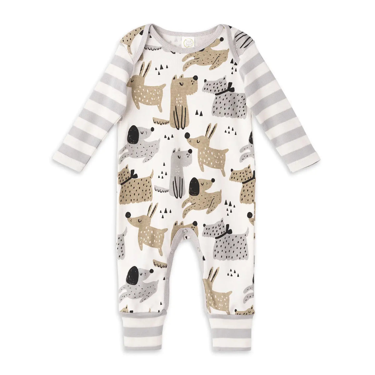 Baby puppy print cotton romper with gray striped sleeves and cuffs, front view