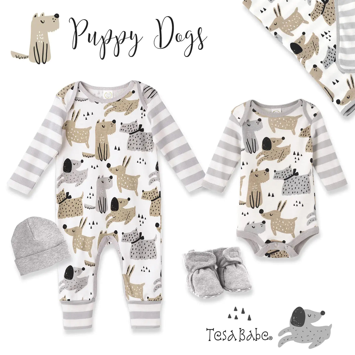 Puppy Dogs print romper shown with a matching bodysuit, hat, and booties from the same line