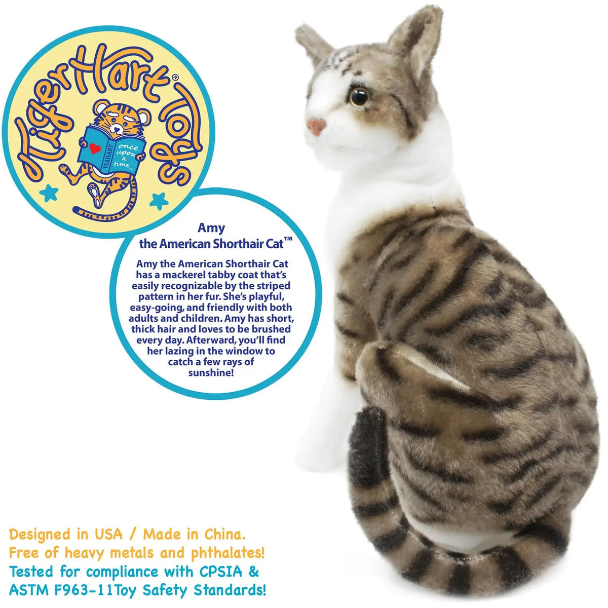 Amy the American Shorthair Cat realistic tabby plush sitting, with story card graphic