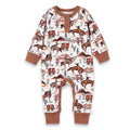 Cowboy henley baby romper with Western horse and wagon print and brown cuffs, front view