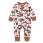 Cowboy henley baby romper with Western horse and wagon print and brown cuffs, front view