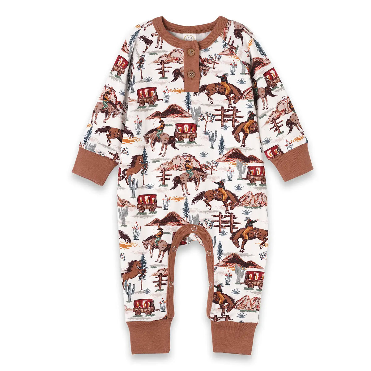 Cowboy henley baby romper with Western horse and wagon print and brown cuffs, front view