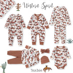 Western Spirit print lineup showing the cowboy romper alongside matching baby pieces