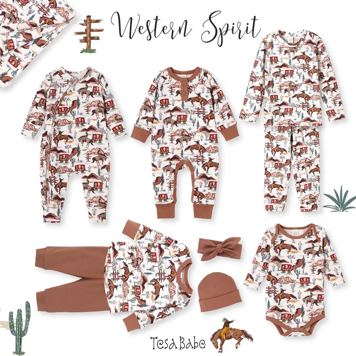 Western Spirit print lineup showing the cowboy romper alongside matching baby pieces