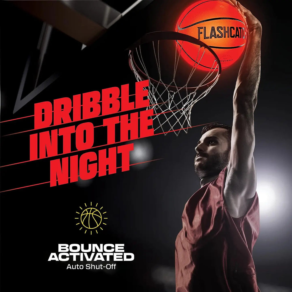 Player dunking a glowing FlashCatch light-up basketball at night