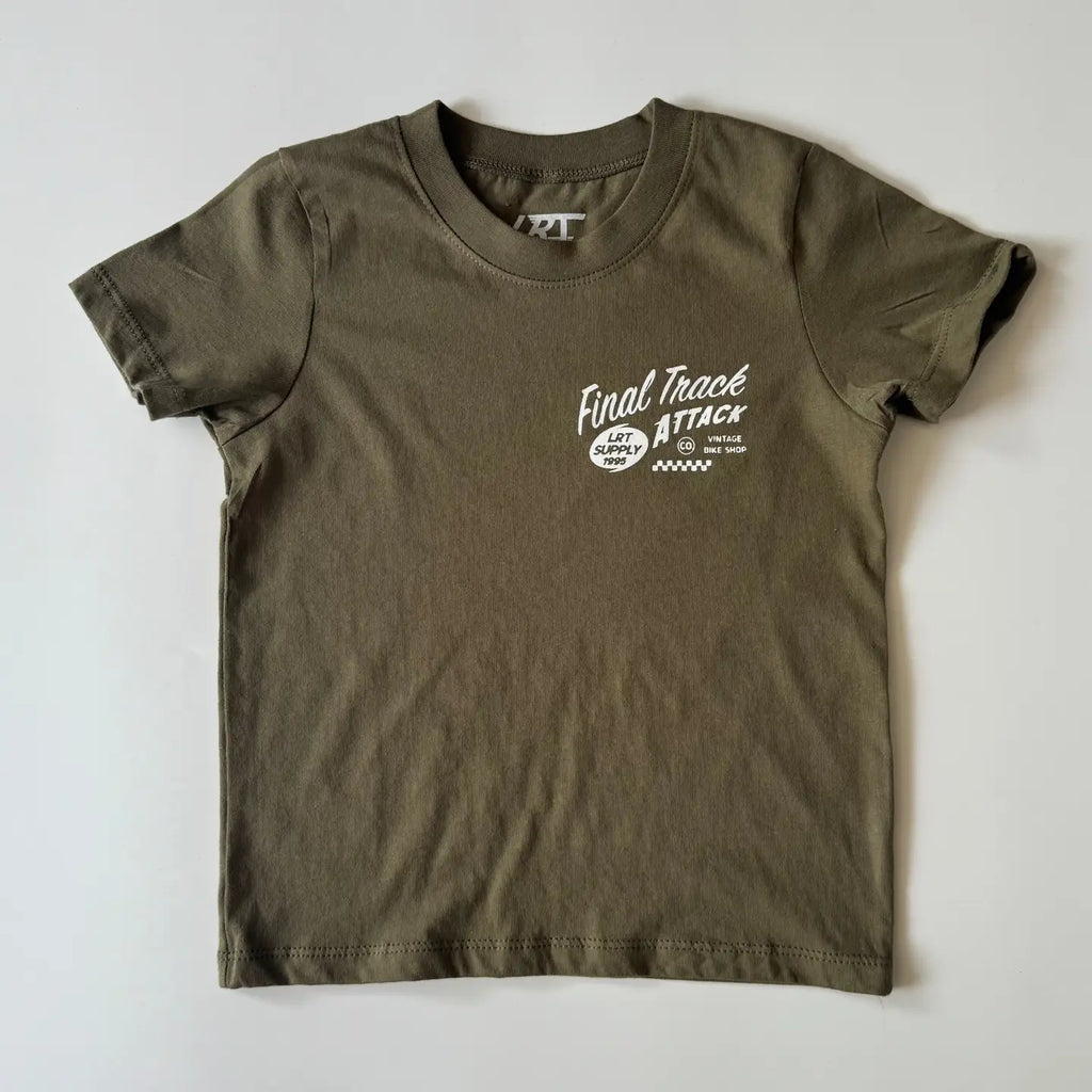 Front of military green kids tee with small Final Track Attack chest logo