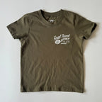 Front of military green kids tee with small Final Track Attack chest logo